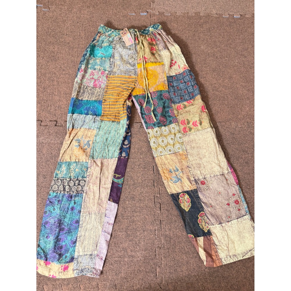 The Little Bazaar Patchwork Cotton Pants Womens Multi Color Boho Wide Leg New A+